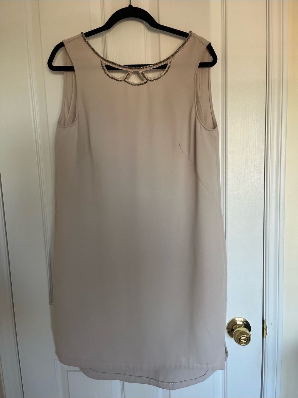 H&M Beige Sleeveless Shift Dress with Beaded Neckline